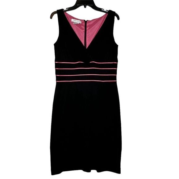 Kay Unger Black Crepe Pink Trim V Neck Cocktail Dress| Size 12 - Picture 1 of 7